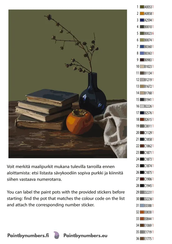 Värikartta ja ohjeet - Books Vase and Persimmon 40x50cm