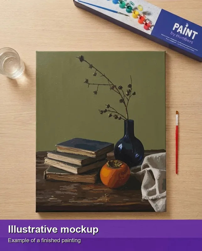 Valmiin numeromaalauksen havainnekuva - Books Vase and Persimmon 40x50cm