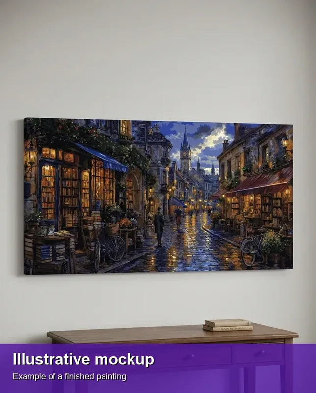 Valmiin numeromaalauksen havainnekuva - Bookshops on Rainy Street 160x80cm