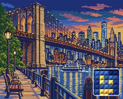 Brooklyn Bridge Indigo Passage, 50x40 cm timanttimaalaus – lopullisen kuvion esikatselu ja lähikuva neliönmuotoisista timanteista