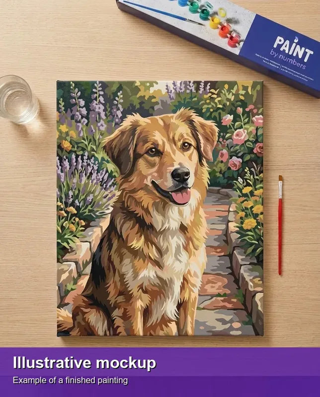 Valmiin numeromaalauksen havainnekuva - Brown Dog in Garden 40x50cm