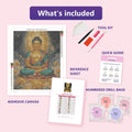 Thumbnail for Buddha and Lotus 40x50cm timanttimaalauspaketin sisalto: liimapintainen canvas, varikartta, tyokalut ja timanttipussit