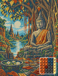 Thumbnail for Buddha under the Banyan, 50x65 cm timanttimaalaus – lopullisen kuvion esikatselu ja lähikuva pyöreistä timanteista