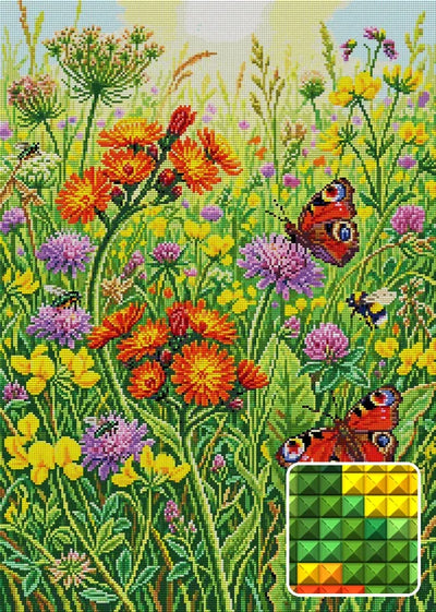 Butterflies and Wildflowers Meadow, 50x70 cm timanttimaalaus – lopullisen kuvion esikatselu ja lähikuva neliönmuotoisista timanteista