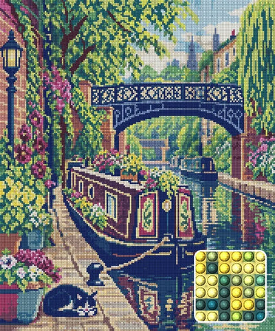 Camden Canal Flower Boat, 50x60 cm timanttimaalaus – lopullisen kuvion esikatselu ja lähikuva pyöreistä timanteista