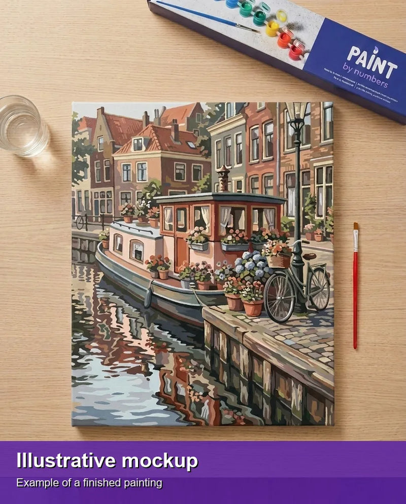 Valmiin numeromaalauksen havainnekuva - Canal Boat and Bicycle 40x50cm