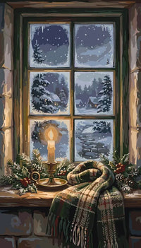 Thumbnail for Kynttilä ja huivi talvi-ikkunalla numeromaalaus. Luminen maisema ikkunasta.