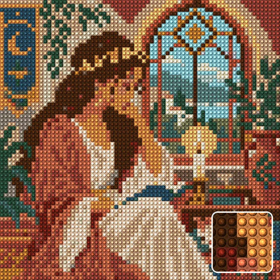 Candle beside the Sacred Window, 20x20 cm timanttimaalaus – lopullisen kuvion esikatselu ja lähikuva pyöreistä timanteista