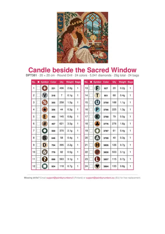Candle beside the Sacred Window timanttimaalauksen värikartta – 24 DMC-väriä