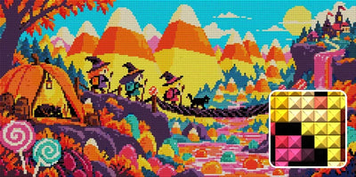 Candy Corn Mountain Expedition, 60x30 cm timanttimaalaus – lopullisen kuvion esikatselu ja lähikuva neliönmuotoisista timanteista