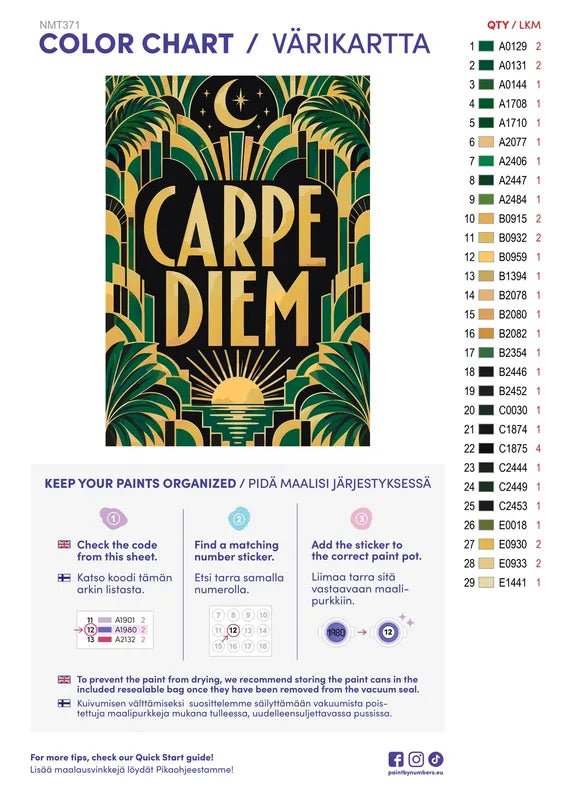 Numeromaalaus: Värikartta ja ohjeet - Carpe Diem 50x70cm