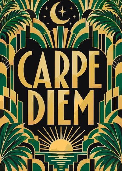 Art deco Carpe Diem juliste numeromaalaus, vihreä, kulta ja musta