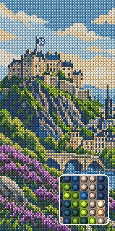 Castle above the Heather, 20x40 cm timanttimaalaus – lopullisen kuvion esikatselu ja lähikuva pyöreistä timanteista