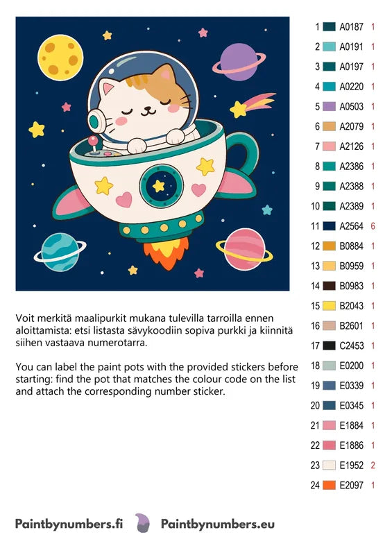 Värikartta ja ohjeet - Cat in Spaceship 50x50cm