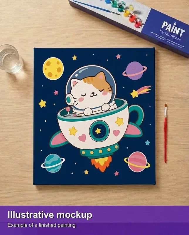 Valmiin numeromaalauksen havainnekuva - Cat in Spaceship 50x50cm