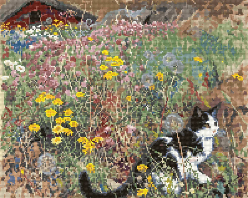 Kissa kukkaniityllä, Liljefors, 50x40 cm timanttimaalaus – lopullisen kuvion esikatselu