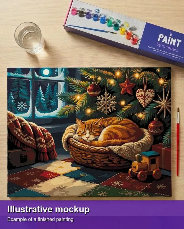 Valmiin numeromaalauksen havainnekuva - Cat Sleeping Under Christmas Tree 50x40cm
