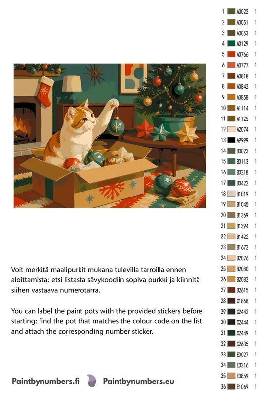 Värikartta ja ohjeet - Cat with Christmas Ornaments 40x30cm