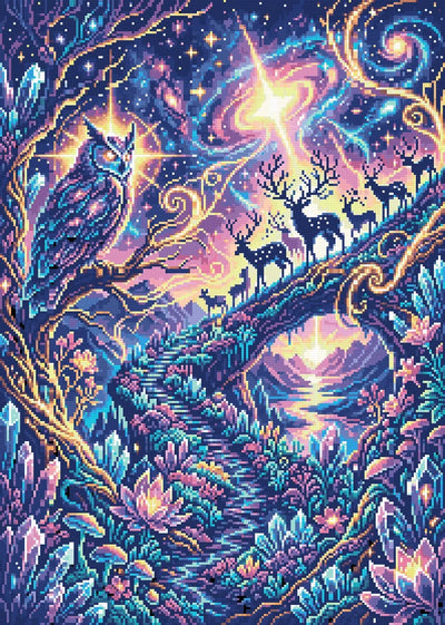 Celestial Owl and Starlit Deer, 50x70 cm timanttimaalaus – lopullisen kuvion esikatselu