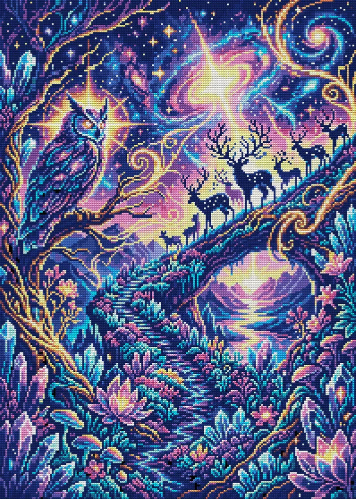 Celestial Owl and Starlit Deer, 50x70 cm timanttimaalaus – koko kuvion esikatselu ilman lähikuvaa