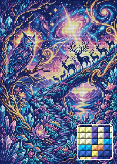 Celestial Owl and Starlit Deer, 50x70 cm timanttimaalaus – lopullisen kuvion esikatselu ja lähikuva neliönmuotoisista timanteista