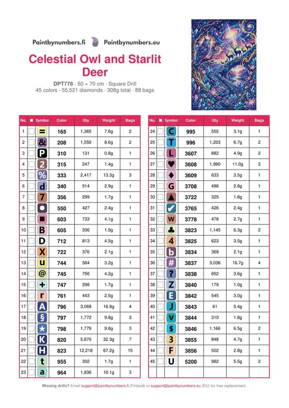 Celestial Owl and Starlit Deer timanttimaalauksen värikartta – 45 DMC-väriä