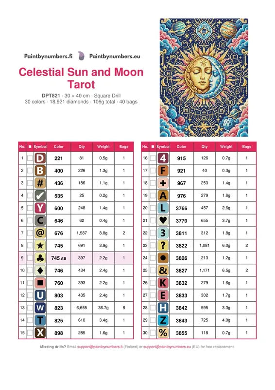 Celestial Sun and Moon Tarot timanttimaalauksen värikartta – 30 DMC-väriä