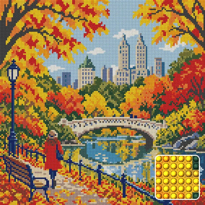 Central Park Amber Footbridge, 40x40 cm timanttimaalaus – lopullisen kuvion esikatselu ja lähikuva pyöreistä timanteista