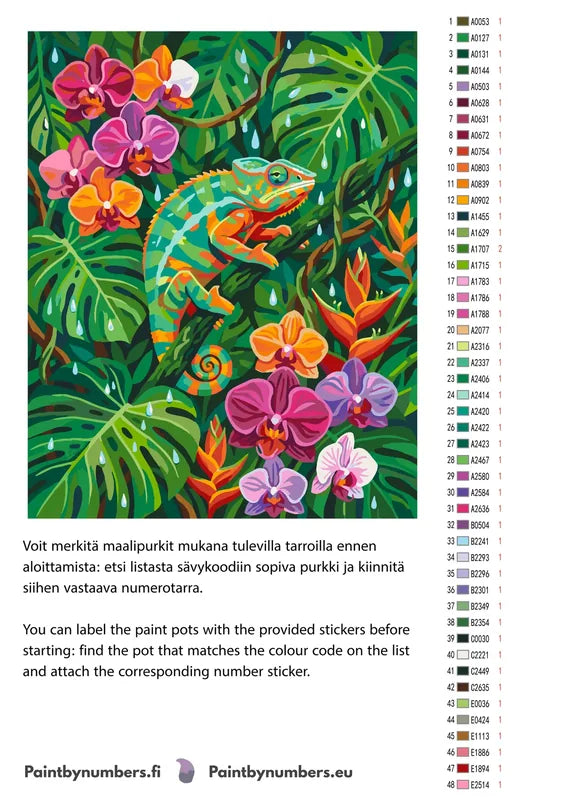 Värikartta ja ohjeet - Chameleon and Orchids 40x50cm