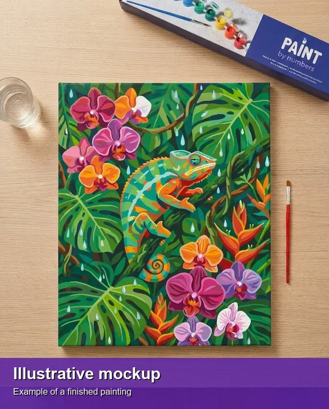 Valmiin numeromaalauksen havainnekuva - Chameleon and Orchids 40x50cm