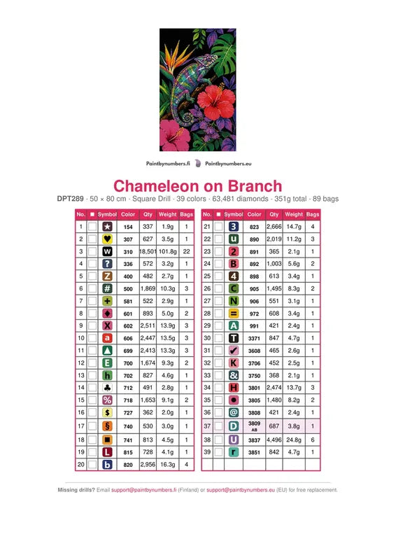Chameleon on Branch timanttimaalauksen värikartta – 39 DMC-väriä
