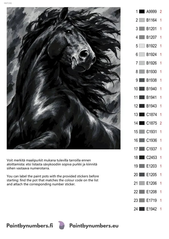 Numeromaalaus: Värikartta ja ohjeet - Charcoal Stallion 40x50cm