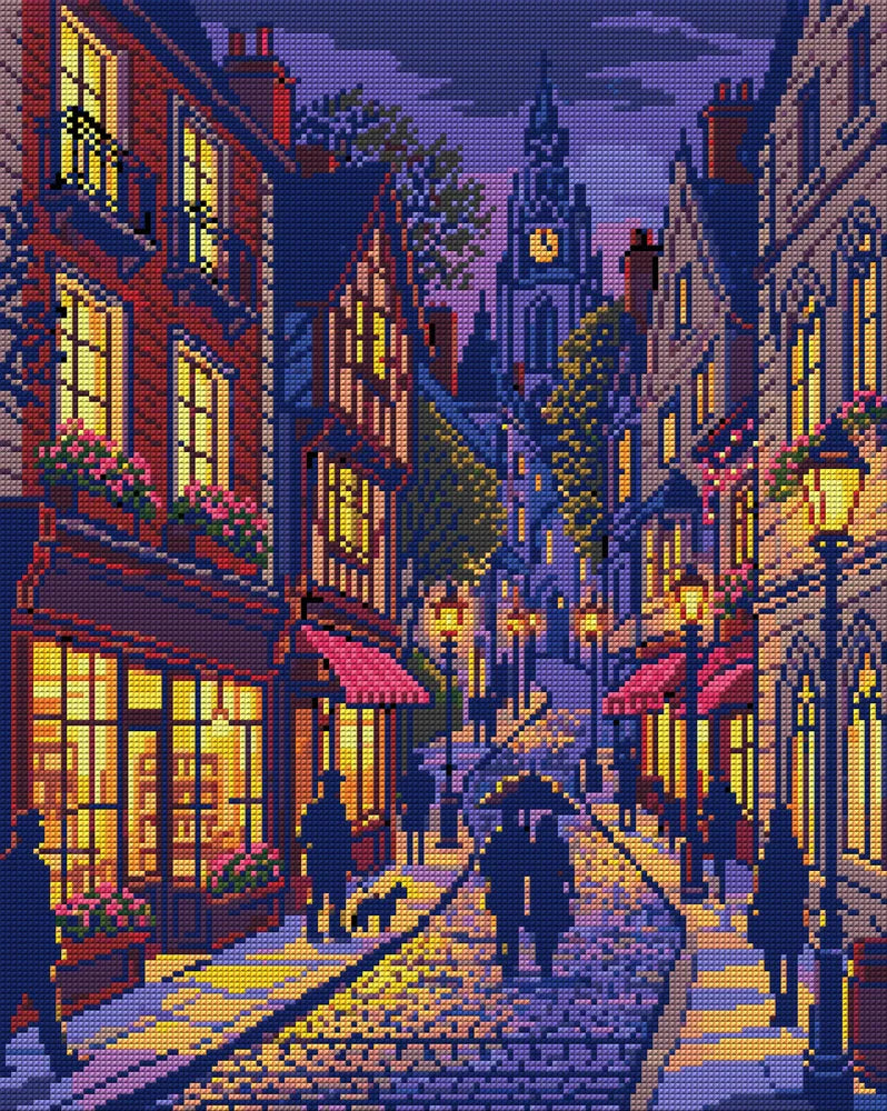 Charming Evening Village Street, 40x50 cm timanttimaalaus – koko kuvion esikatselu ilman lähikuvaa