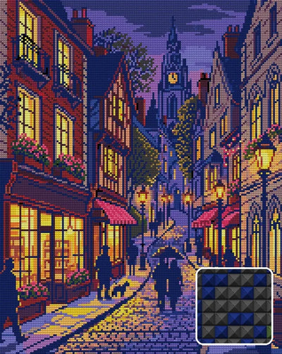 Charming Evening Village Street, 40x50 cm timanttimaalaus – lopullisen kuvion esikatselu ja lähikuva neliönmuotoisista timanteista
