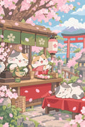 Thumbnail for Kissat japanilaisella teekojulla kirsikankukkien alla numeromaalaus.