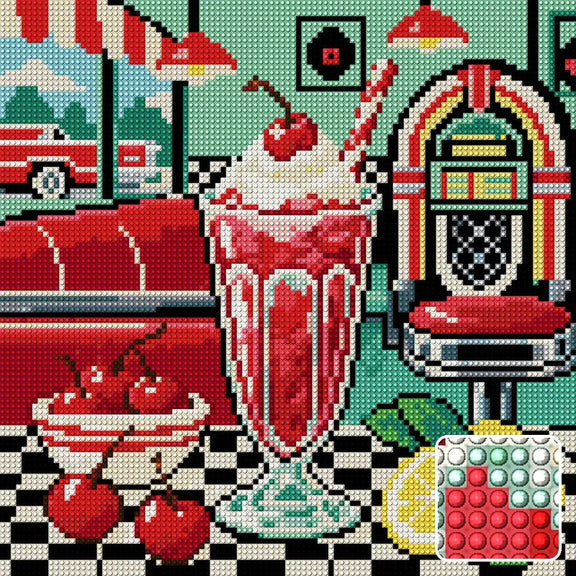 Cherry Fizz Checkerboard, 30x30 cm timanttimaalaus – lopullisen kuvion esikatselu ja lähikuva pyöreistä timanteista