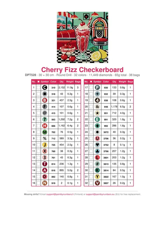 Cherry Fizz Checkerboard timanttimaalauksen värikartta – 32 DMC-väriä