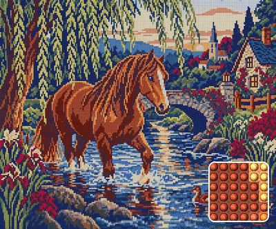 Chestnut at the Willow Ford, 60x50 cm timanttimaalaus – lopullisen kuvion esikatselu ja lähikuva pyöreistä timanteista