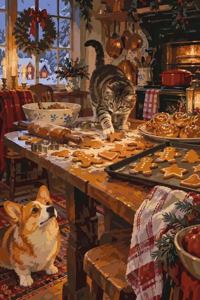 Kissa ja corgi keittiössä, piparkakkuja leipomassa, numeromaalaus.