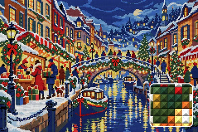 Christmas Eve above the Canal, 60x40 cm timanttimaalaus – lopullisen kuvion esikatselu ja lähikuva neliönmuotoisista timanteista