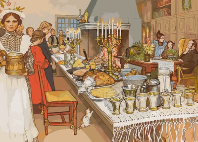 Numeromaalaus Carl Larssonin Jouluaatosta, jossa kynttilät palavat katetun pöydän yllä ja takassa loimuaa tuli.