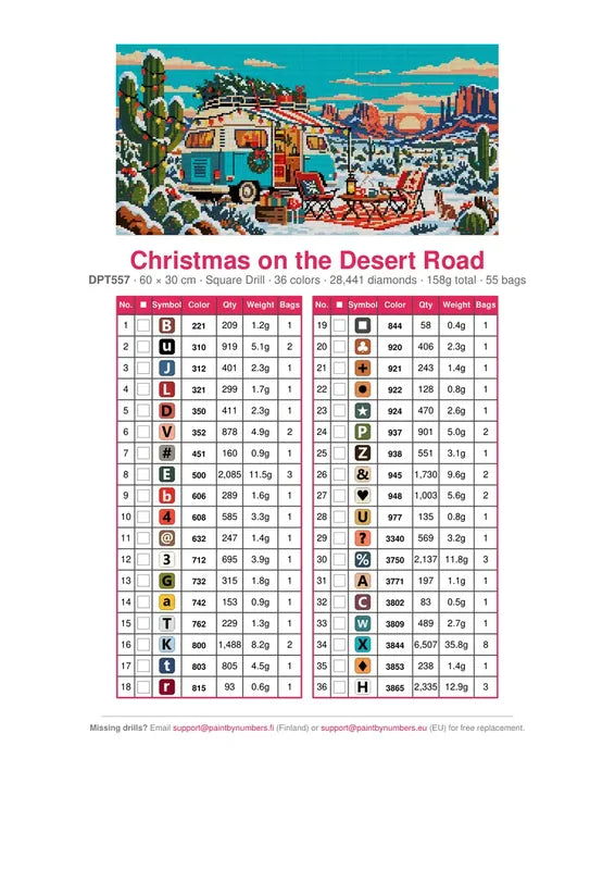 Christmas on the Desert Road timanttimaalauksen värikartta – 36 DMC-väriä