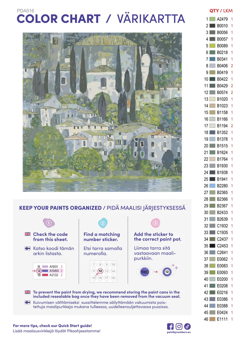 Paint by numbers color chart - Church in Cassone - väriluettelo ja ohjeet