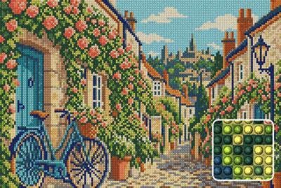 Circus Lane Bicycle Stop, 45x30 cm timanttimaalaus – lopullisen kuvion esikatselu ja lähikuva pyöreistä timanteista