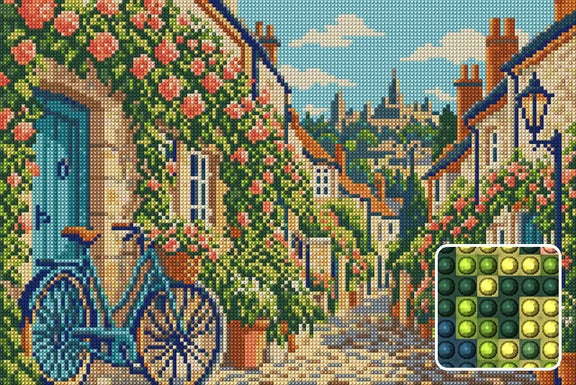 Circus Lane Bicycle Stop, 45x30 cm timanttimaalaus – lopullisen kuvion esikatselu ja lähikuva pyöreistä timanteista