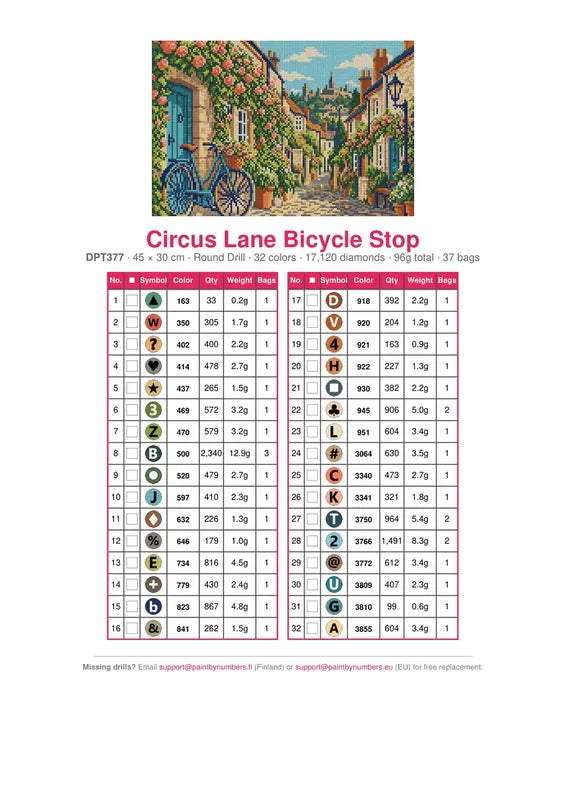 Circus Lane Bicycle Stop timanttimaalauksen värikartta – 32 DMC-väriä