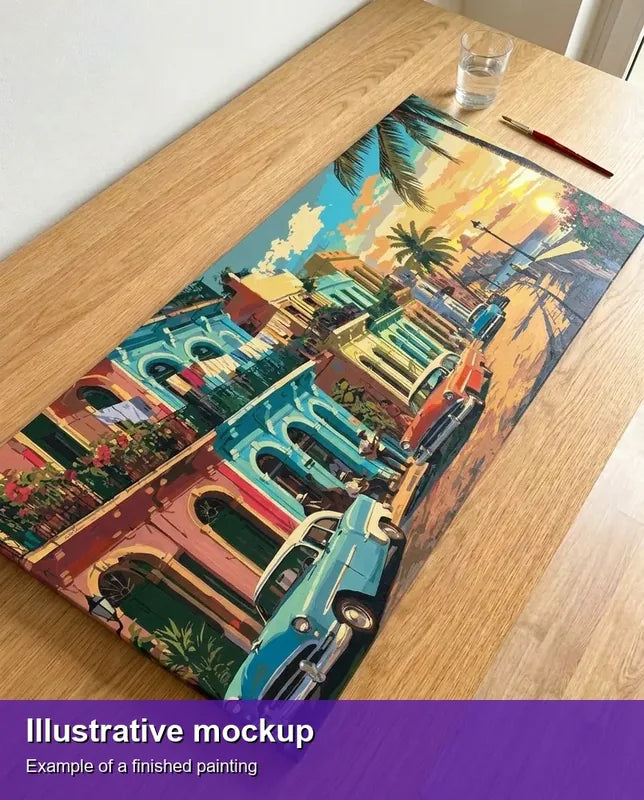 Valmiin numeromaalauksen havainnekuva - Classic Cars on Havana Street 80x40cm