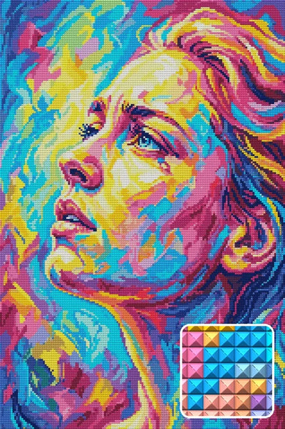 Colorful Expressive Woman Portrait, 40x60 cm timanttimaalaus – lopullisen kuvion esikatselu ja lähikuva neliönmuotoisista timanteista