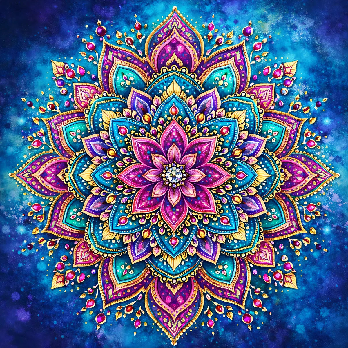 Kiehtova ja värikäs mandala sinisellä taustalla