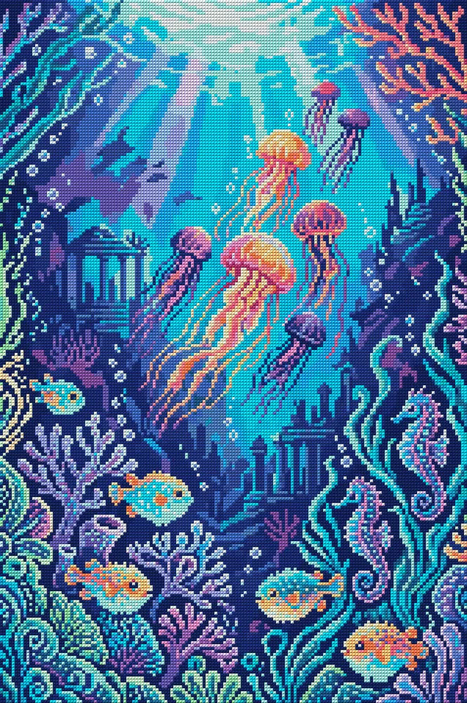 Colorful Underwater Fantasy Scene, 40x60 cm timanttimaalaus – koko kuvion esikatselu ilman lähikuvaa
